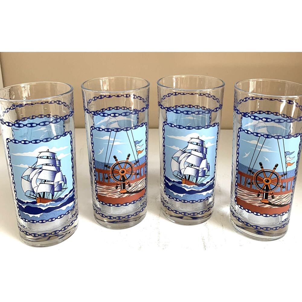 Vintage 14oz Nautical Tall Ships Highball Glasses Made in Italy Set of 4